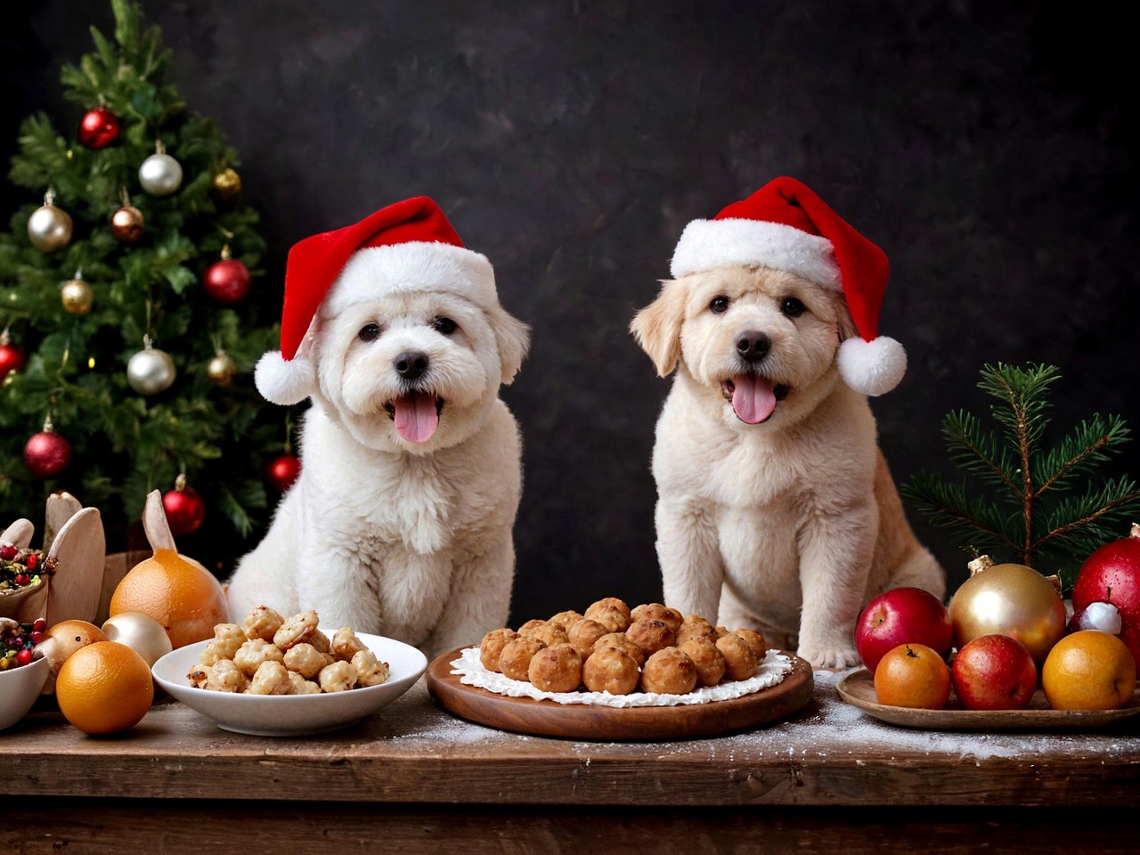 ai generated, dogs, christmas dinner, christmas, santa claus, christmas tree, christmas decorations, christmas balls, gifts, santa hat, pointed hat, domestic animal, fun, fur, advent
