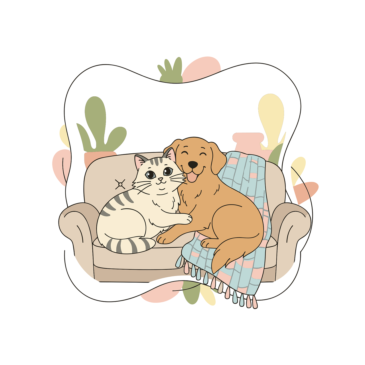 cozy home illustration, pets on the couch, dog and cat together, pet friendship, cute animals, home comfort, cozy living room, relaxing at home, animal illustration, warm atmosphere, soft colors, flat illustration style, domestic life, pet lovers, calm mood, lazy day, indoor scene, comfort concept, family pets, peaceful illustration, home vibes, cute pets, cozy interior, lifestyle illustration, ai generated