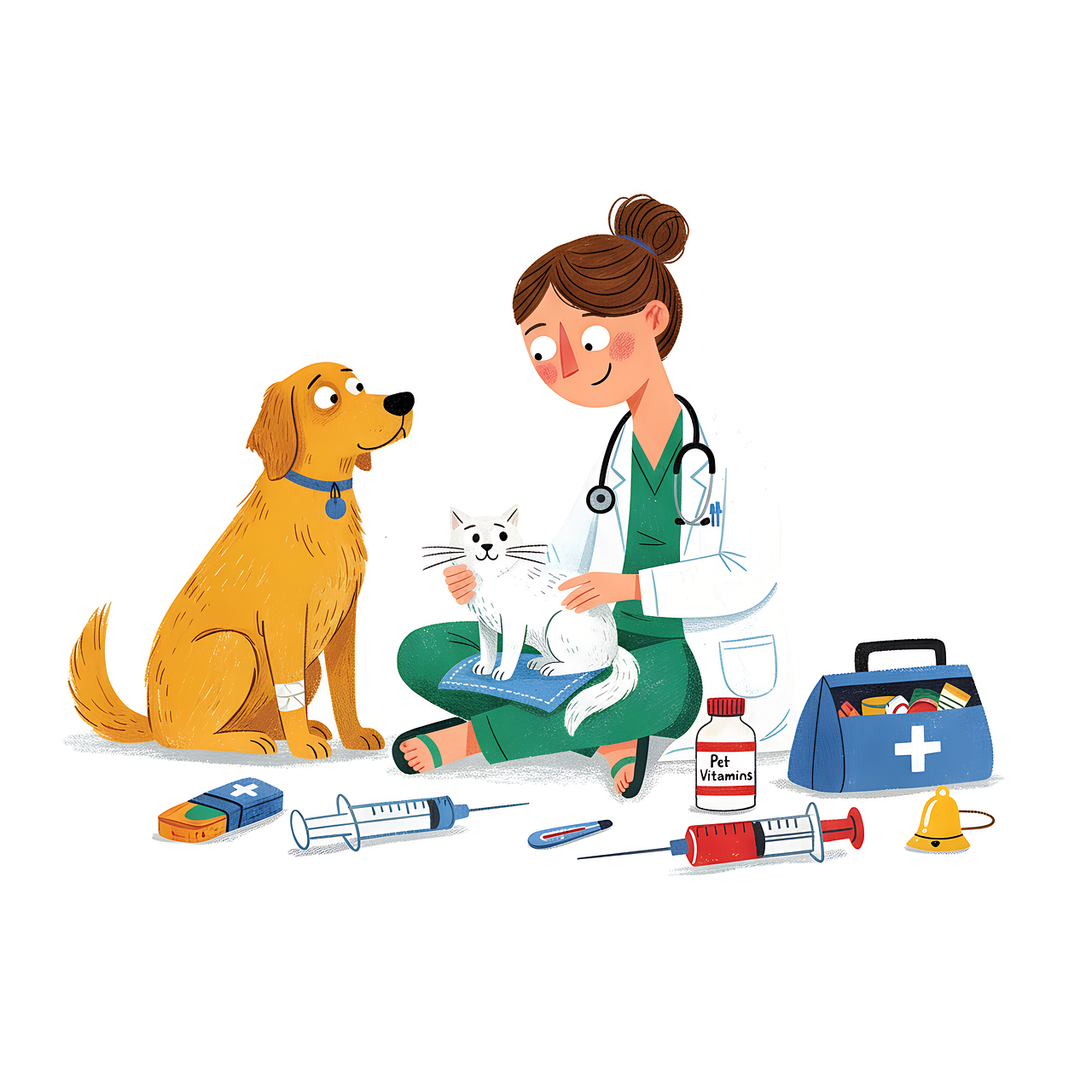 veterinarian illustration, vet cartoon, dog doctor art, pet care drawing, animal clinic character, veterinary cartoon, pet health, dog checkup, animal hospital vector, doctor character design, pet lover art, friendly vet, daily life cartoon, medical illustration, pet cartoon style, doctor with a dog, happy dog art, veterinary tools, ai generated