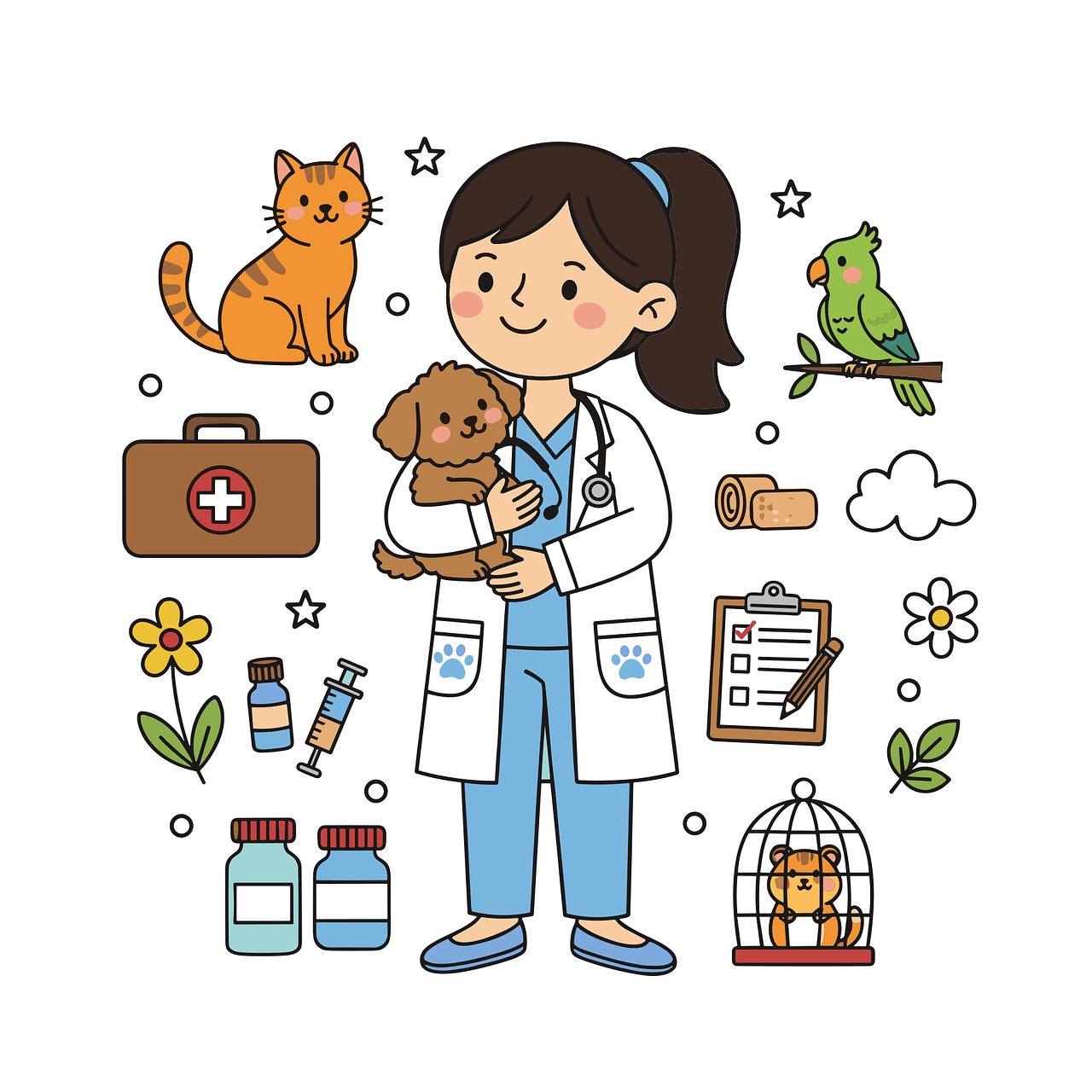 veterinarian, vet, animal, animals, pets, dog, cat, parrot, medicine, stethoscope, clipboard, pet carrier, syringe, pills, medical kit, pet care, cartoon characters, doodle, clinic, nature, medical profession, animal health, kids illustration, cute profession, pet, ai generated